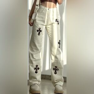 Cross Patch Detail White Wide leg Jeans